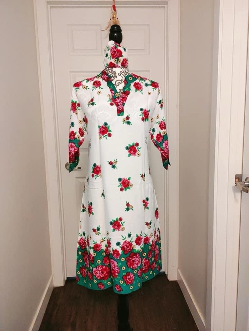 White Midi Dress with Pink Rose Print and Green Trim